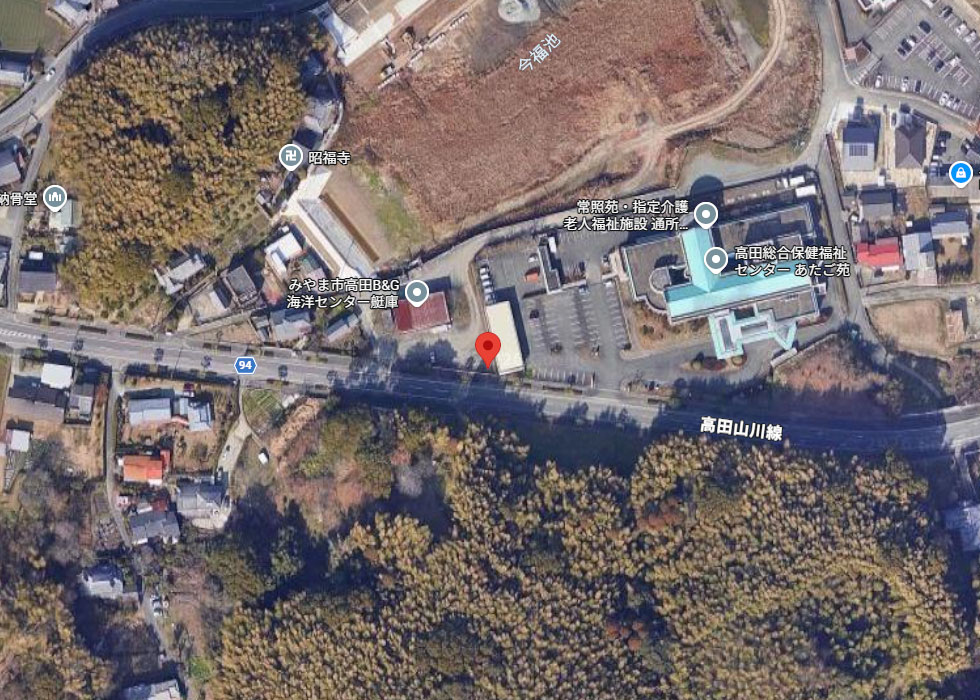 航空写真（近景）／赤ピン＝設置予定地